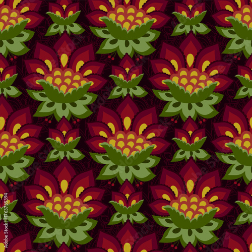 Bold dark floral pattern, rich Renaissance colors red green gold, seamless vector pattern with flowers leaves on deep maroon background. Perfect as fabric or wallpaper