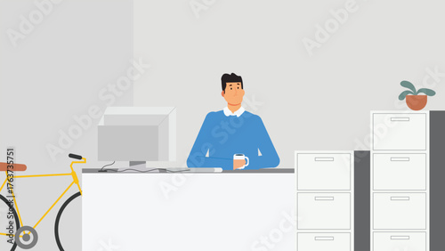 Man Sitting at Office Desk with Coffee Mug
