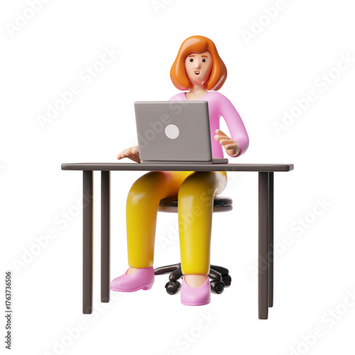 Businesswoman working at a desk on laptop 3D vector, cartoon female character office employee or freelance on workplace