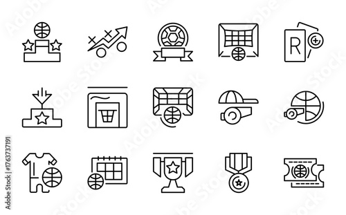 Football line icon set. Football, match, team, goals, ground, players, numbers, board, sports, flag, timer, out, costume, jersey, point, flag, star line icon set. UI thin line icon pack.