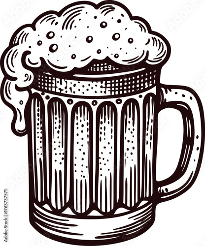 Hand drawn illustration of a frothy beer mug with foam on top in vintage engraving