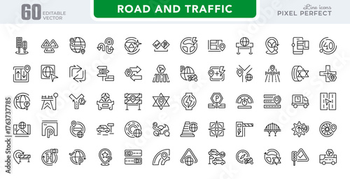 Road and traffic line icons collection. Navigation, street, highway, traffic light, directions, parking, vehicle, location, park, and car service vector outline icons. Pixel-perfect editable stroke