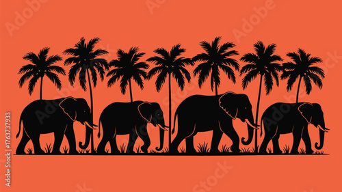 Serene silhouette of elephants walking gracefully under palm trees, perfect for a tropical adventure or wildlife conservation campaign, evoking peace