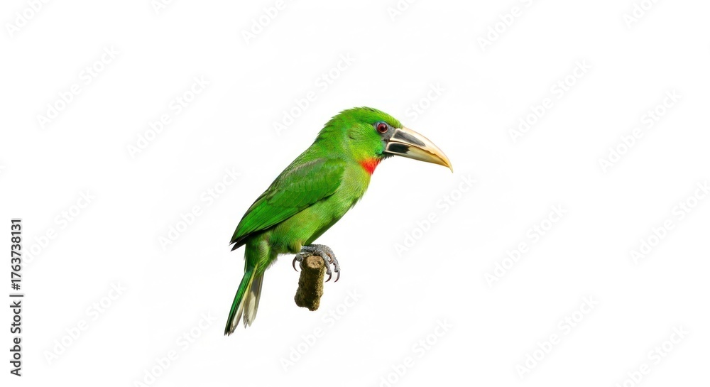 Obraz premium Emerald toucanet perched, side view, isolated against pure white background, detailed plumage