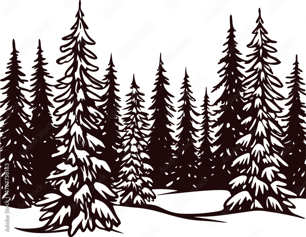 Obraz premium Hand drawn pine tree forest silhouette with snowy ground vintage engraved monochrome landscape illustration