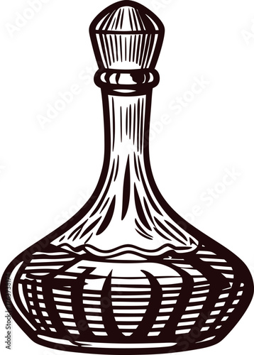 Hand drawn vintage glass decanter with stopper engraved illustration of ornate bottle isolated on white background