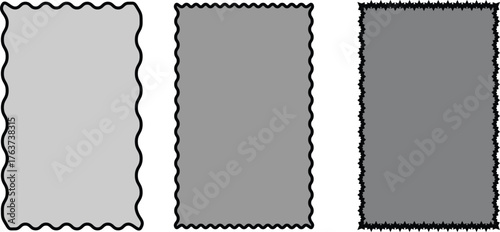 three abstract gray rectangles with unique border styles—wavy, tight wave, and jagged—showcasing edge variations for graphic design, ui elements, and creative shape exploration