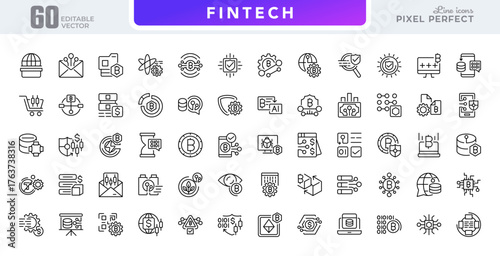 Fintech line icon set. Bitcoin, financial management, digital economy, currency, digital security, wallets, savings, investment vector outline icons. Pixel-perfect editable stroke