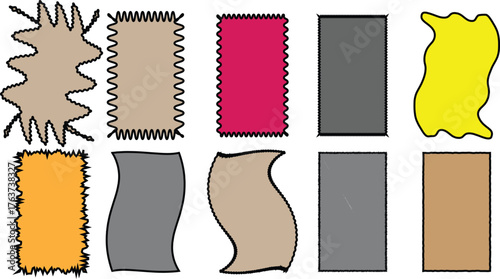 set of ten abstract border styles in colorful rectangles, showcasing jagged, wavy, zigzag, flame, and textured edges for design reference, comparison, and creative inspiration