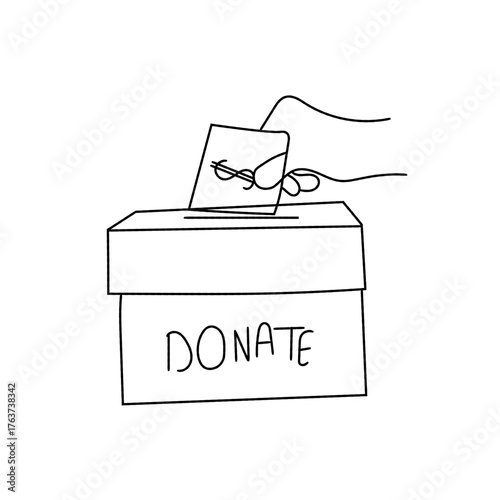 Hand putting money into a donation box. Charity and giving concept. Continuous one line drawing vector illustration