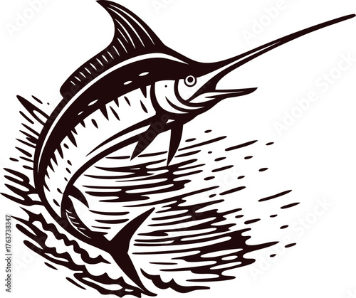 Stylized illustration of marlin fish leaping out of water in bold monochrome vintage etching