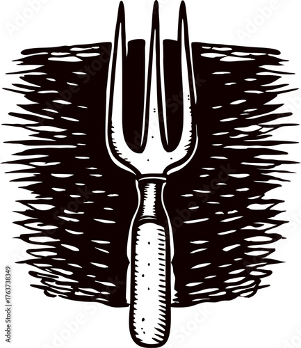 Vintage engraved hand drawn garden fork with wooden handle on textured background illustration