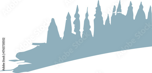 A whimsical castle silhouette with tall pointed spires arranged along a sloping landscape in a single flat color.