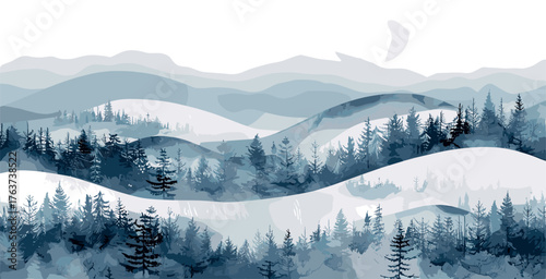 A serene winter landscape featuring rolling snowy hills, layered blue mountains, and dense pine forests under a pale sun.