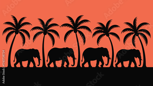 Elegant silhouette of elephants walking under palm trees creates a vibrant African savanna vibe, perfect for travel, wildlife, or conservation campaigns