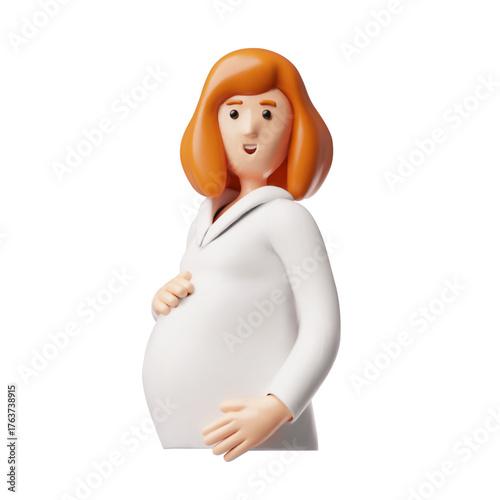 Beautiful pregnant woman with red hair, 3D vector character in white blouse holds her big belly with hands half body