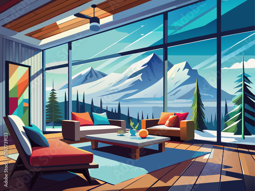 Realistic vector of bright modern room with tall window showing snowy pine forest, soft daylight, clean minimal interior, cozy and detailed winter illustration