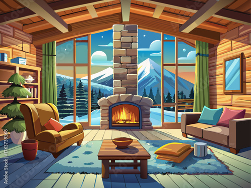 Realistic vector illustration of rustic living room with stone fireplace and wooden window frame showing snowy view, warm light, detailed home scene