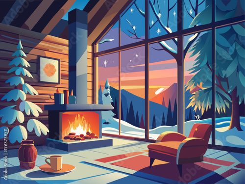 Realistic vector of home interior with fireplace beside large window showing snowy forest trees, warm soft lighting, detailed cozy winter atmosphere