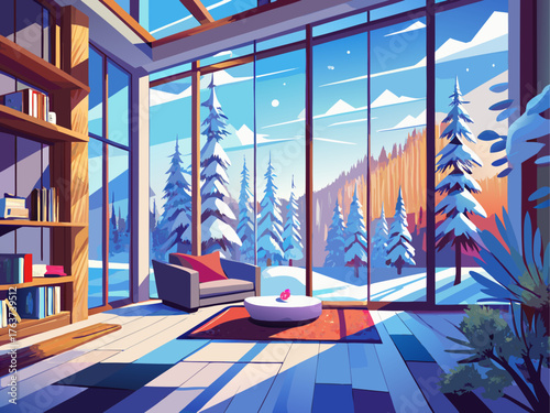 Realistic vector of bright modern room with tall window showing snowy pine forest, soft daylight, clean minimal interior, cozy and detailed winter illustration