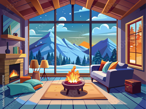 Realistic vector illustration of cozy living room with burning fireplace and large window showing snowy mountain view, warm light, detailed winter interior art