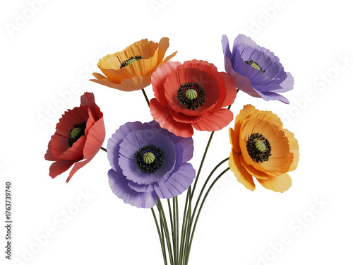 Colorful bouquet of six vibrant poppy flowers in red, orange, and purple hues with green stems isolated on transparent background