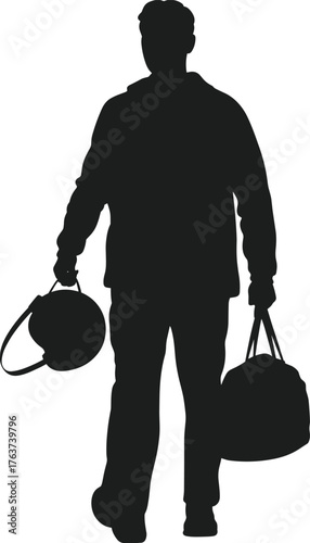 Silhouette of person walking with helmet and duffel bag, black vector illustration for travel, work, readiness, gear, and lifestyle concept