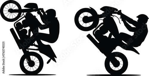 Silhouette of two motorcyclists performing wheelies, black vector illustration for stunt riding, extreme sports, motion, and motorcycle skill concept