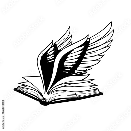 Flying Book with Wings, Artistic Illustration, Dreamy Environment, Imaginative Concept