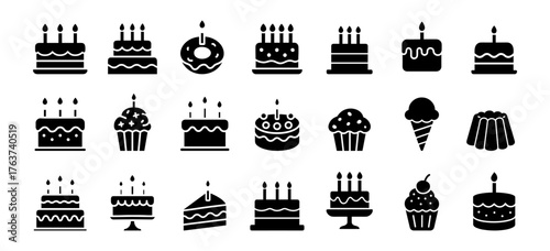 Birthday cake and dessert icon set on transparent background