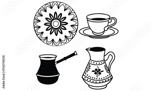 Ornate Black and White Coffee and Tea Service Motifs
