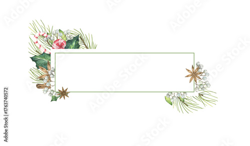 Watercolor Christmas frame with pine branches, berries, and candy on a white background with copy space. Hand drawn illustration for winter  holiday greetings, invitations or greeting cards.