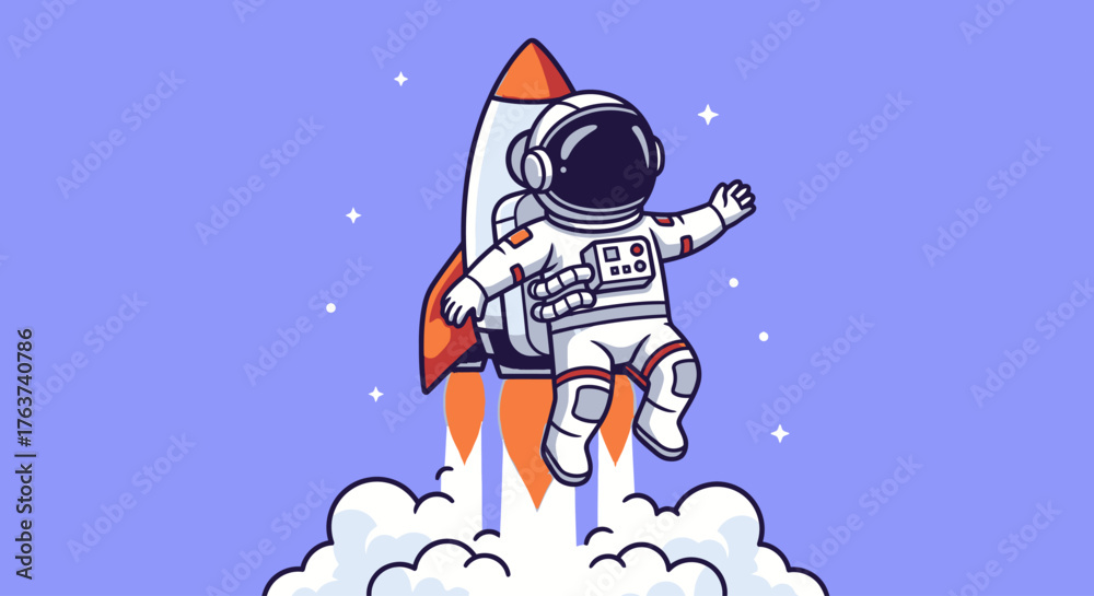 Naklejka premium Astronaut riding a rocket ship ascending into the clouds with a bright orange flame against a purple background