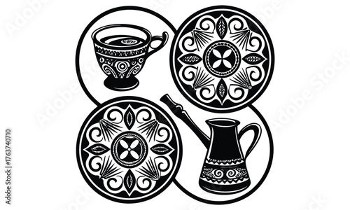 Ornate Black and White Coffee and Tea Service Motifs
