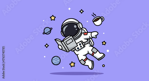 Astronaut floating in space reading a book, surrounded by planets and stars, with a cup of coffee nearby
