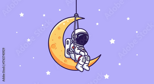 A cute astronaut sits on a crescent moon, surrounded by stars in a dreamy purple sky, illustrating a whimsical cosmic scene and a sense of peaceful solitude