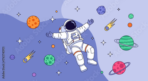 Astronaut floating in space surrounded by planets, stars, and comets in a colorful illustration