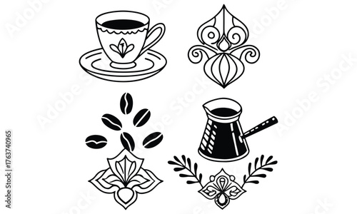 Ornate Black and White Coffee and Tea Service Motifs
