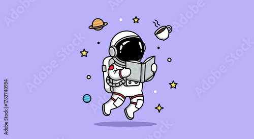 Astronaut reading a book while floating in space with stars and a coffee cup nearby