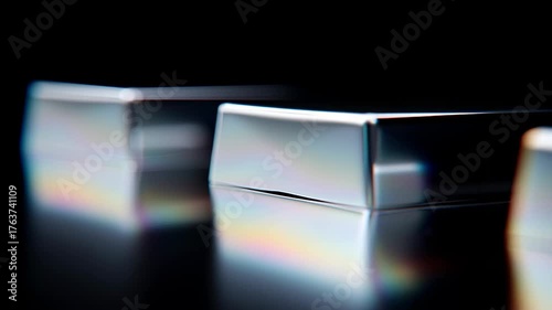 Silver bullion bar metal shiny reflective row with rainbow reflections dark surface close up metallic blocks calm modern