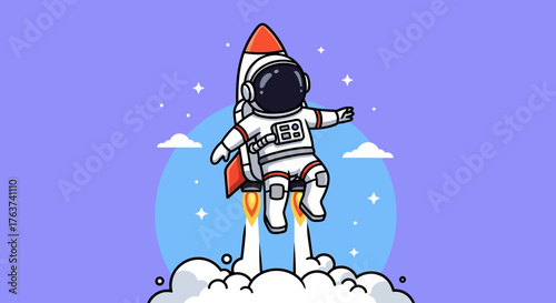 Illustration of an astronaut launching into space on a rocket, symbolizing exploration and adventure