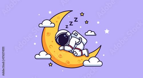 An astronaut peacefully sleeping on a crescent moon under a starry night sky surrounded by soft clouds, a whimsical illustration