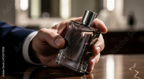Elegant man's hand holding luxury glass perfume bottle with sophisticated style