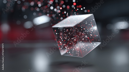 Floating transparent cube surrounded by colorful particles in space