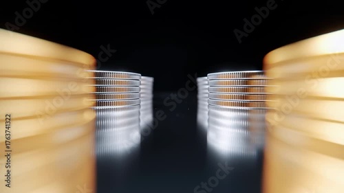 Stack of gold and silver coin piles reflecting on dark surface with shiny currency and money finance concept image