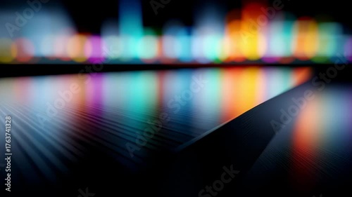 Close up polished silver bar sleek reflective metal surface with colorful blurred lights creating vibrant reflection and modern