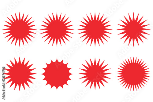 Eight red starburst shapes are displayed on a white background.