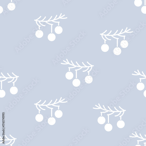 Festive pattern with white branches and berries on blue background, suitable for Christmas packaging, textiles, cards and winter decor