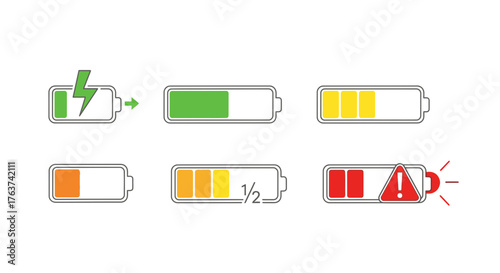 Battery charging status indicators showing full charge, low power, and warning alert symbols for tech and digital design