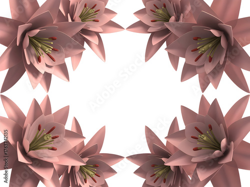 Four beautiful 3D rendered pink lily flowers arranged as a decorative corner frame border design isolated on transparent background.